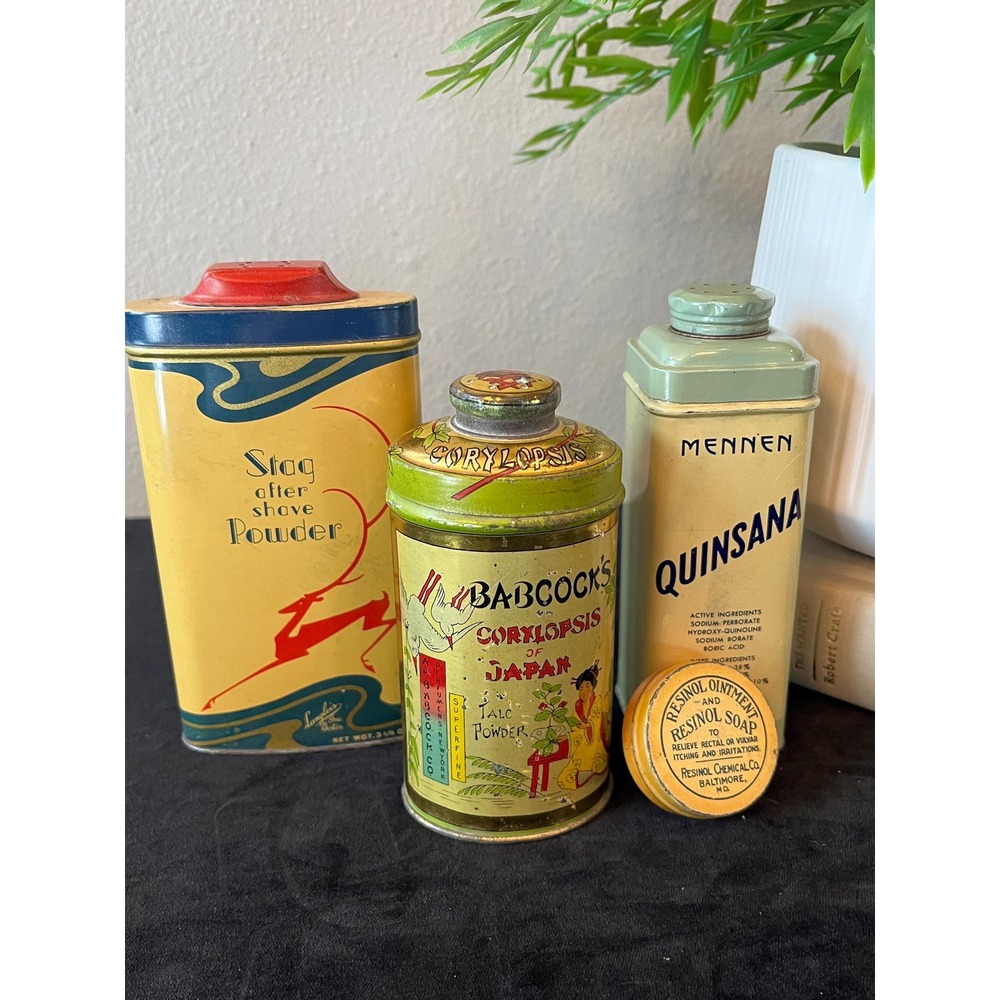 Vintage Advertising Tin Lot Babcocks Corylopsis Mennen Stag Resinol Apothecary